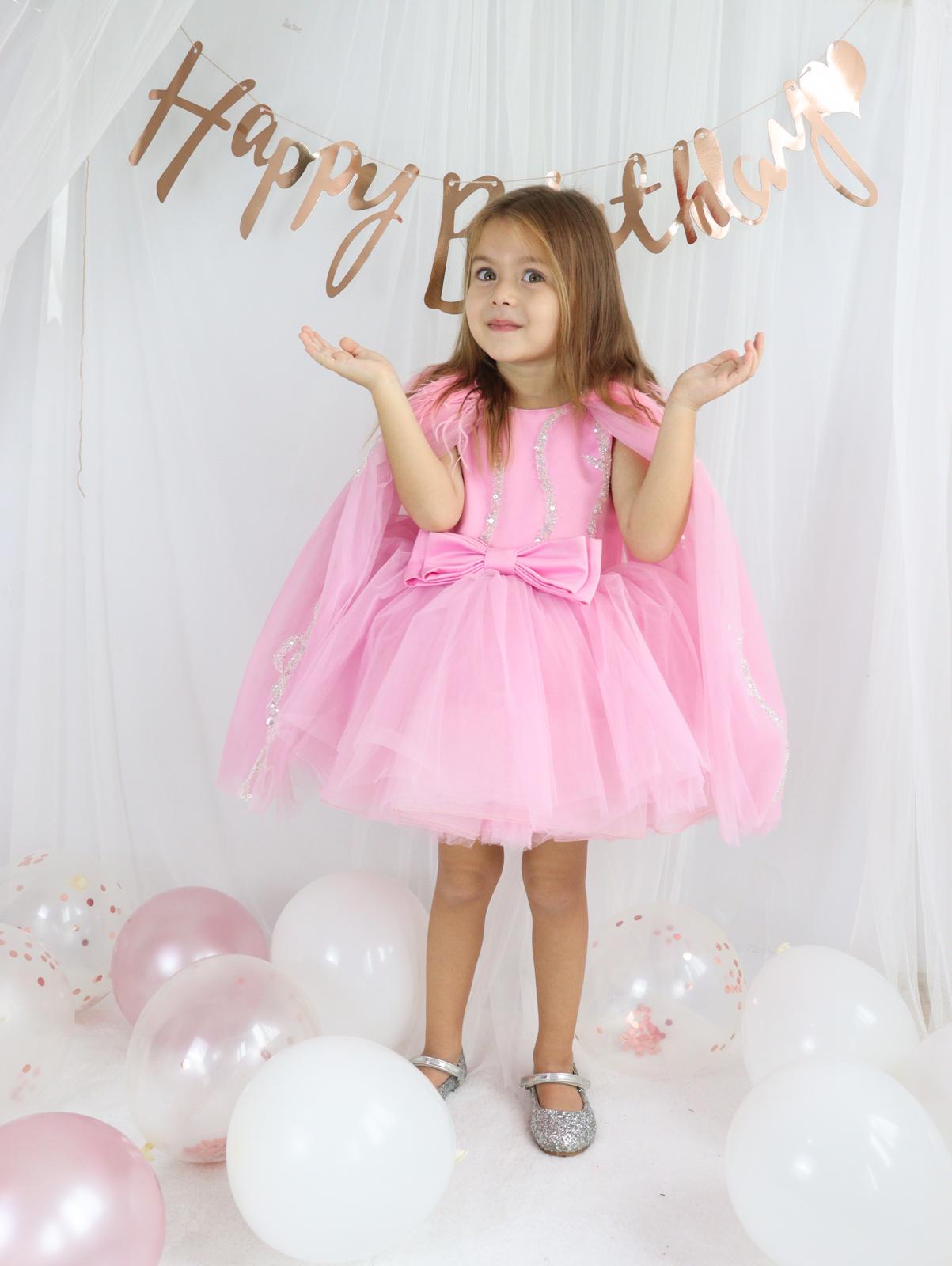 Pembe Tül Payetli Kız Çocuk Abiye 1–10 Yaş Doğum Günü Elbisesi