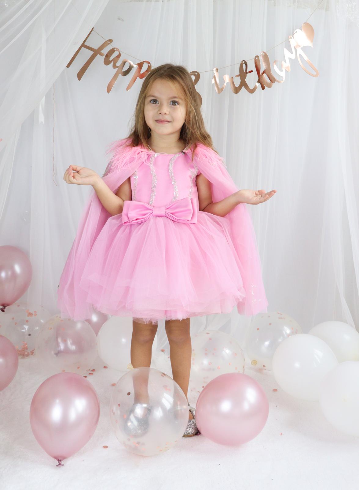 Pembe Tül Payetli Kız Çocuk Abiye 1–10 Yaş Doğum Günü Elbisesi