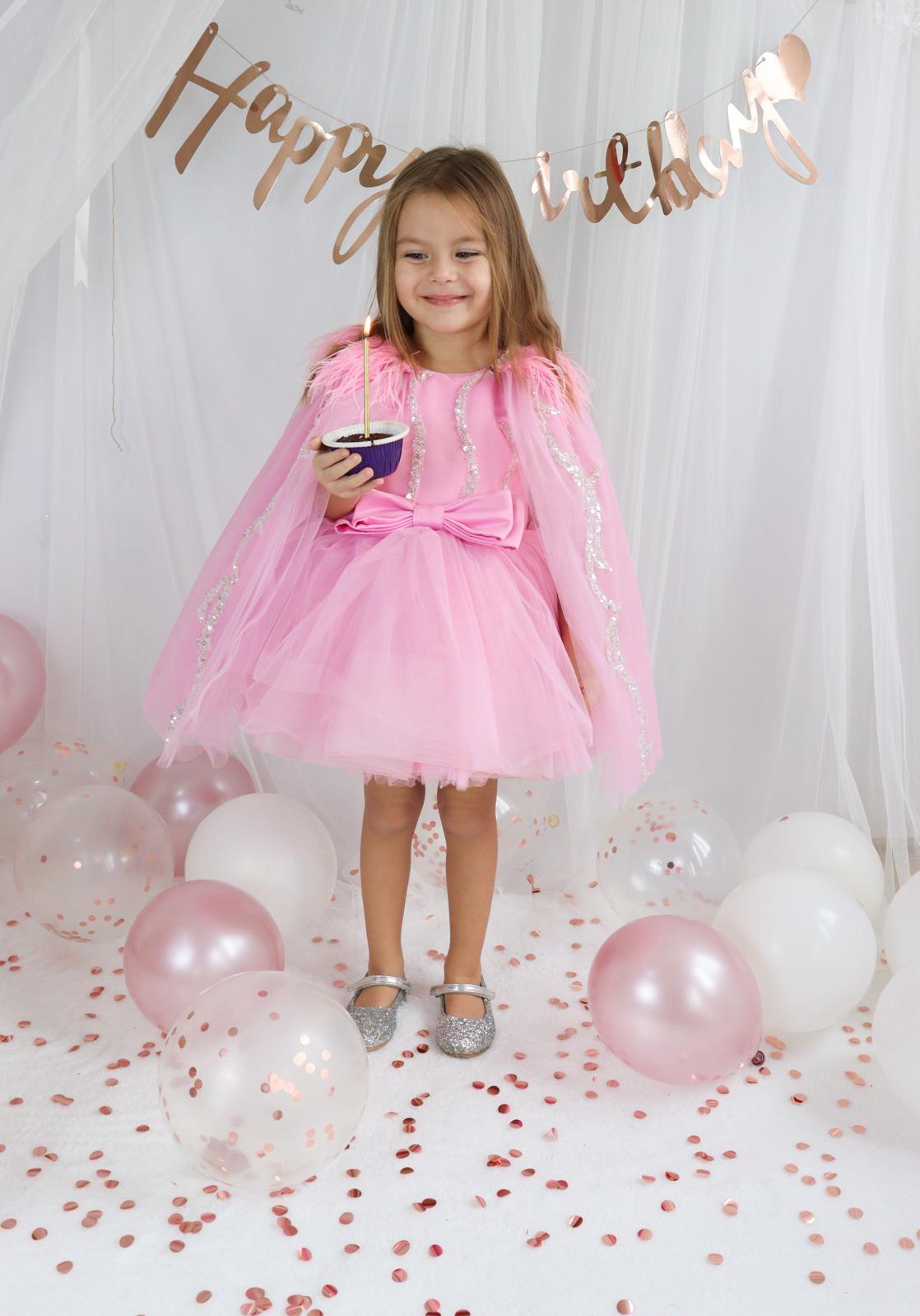 Pembe Tül Payetli Kız Çocuk Abiye 1–10 Yaş Doğum Günü Elbisesi