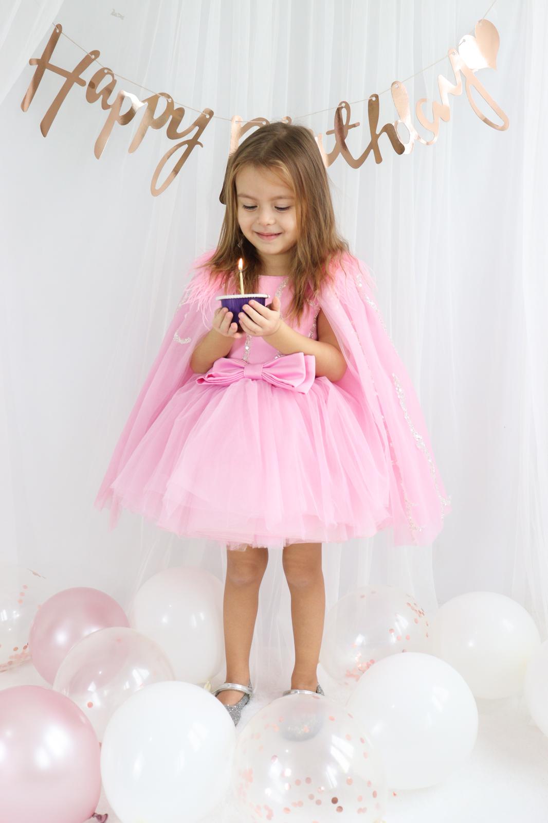 Pembe Tül Payetli Kız Çocuk Abiye 1–10 Yaş Doğum Günü Elbisesi
