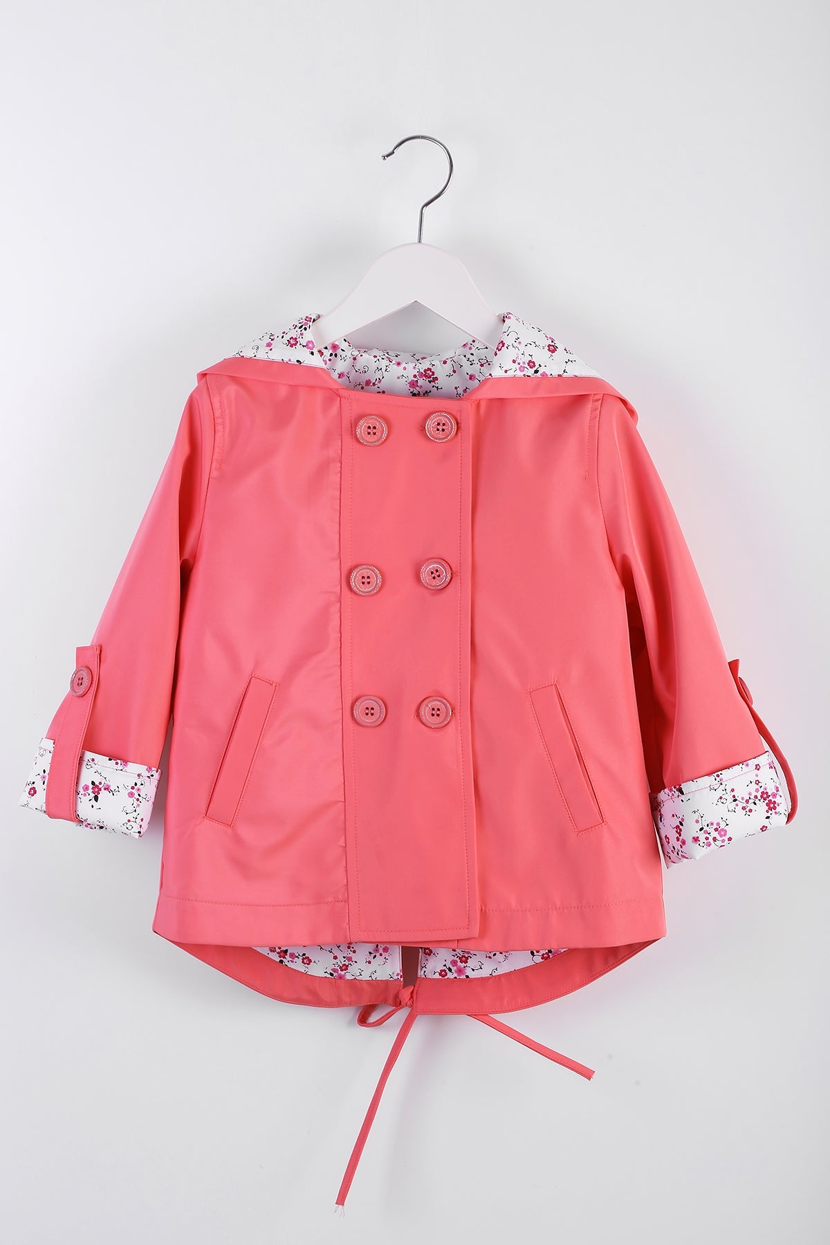 معطف مطر وردي للبنات مع بطانة منقوشة بالزهور - ملابس خارجية مقاومة للماء