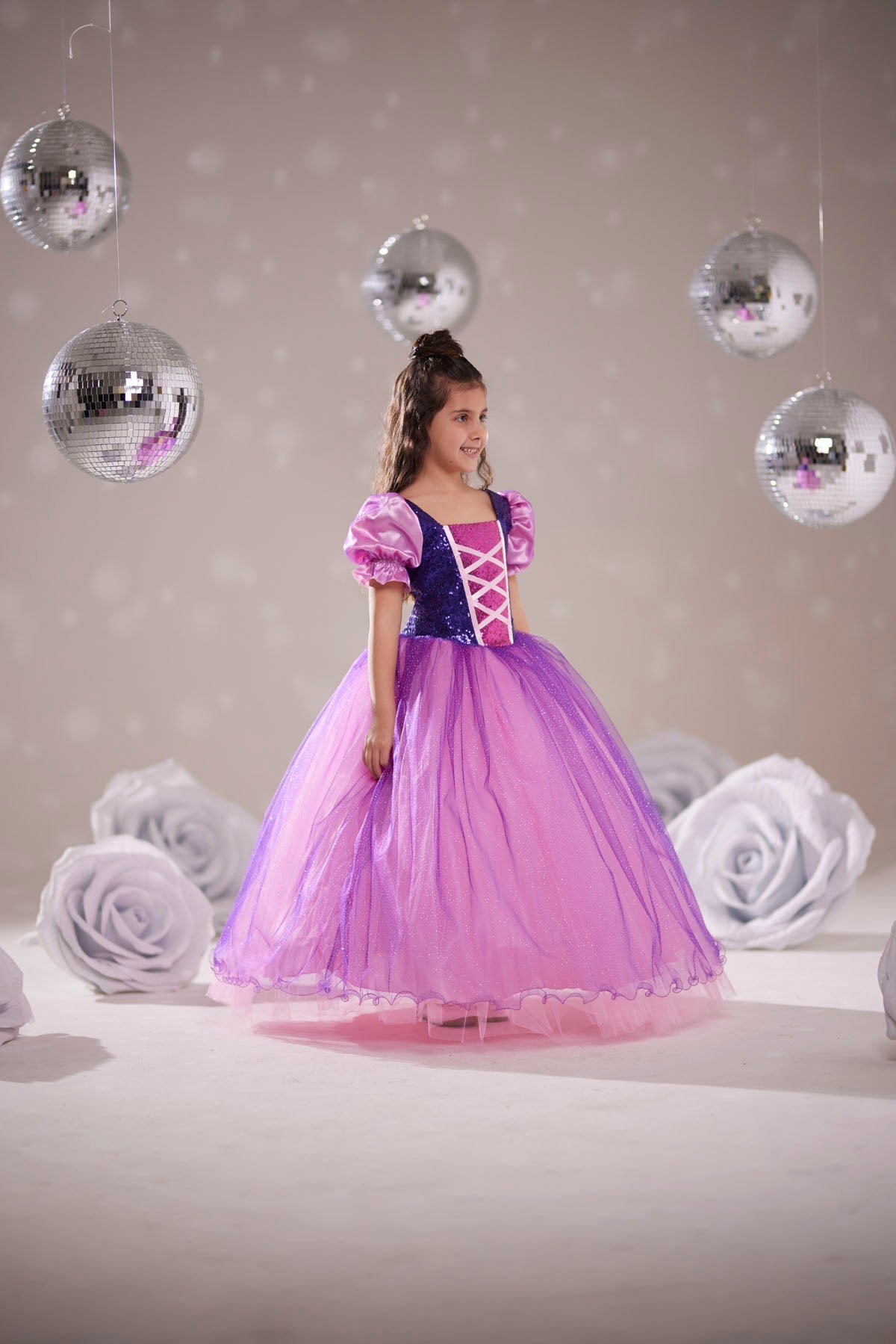 Kız Çocuk Rapunzel Kostümü Tüllü Prenses Elbise