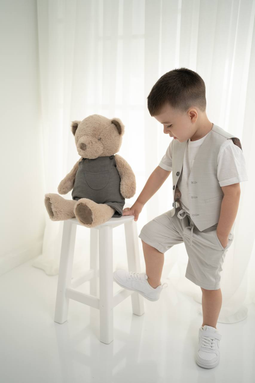 Erkek Çocuk Keten 3’lü Takım – Yelek, Şort ve Thişört