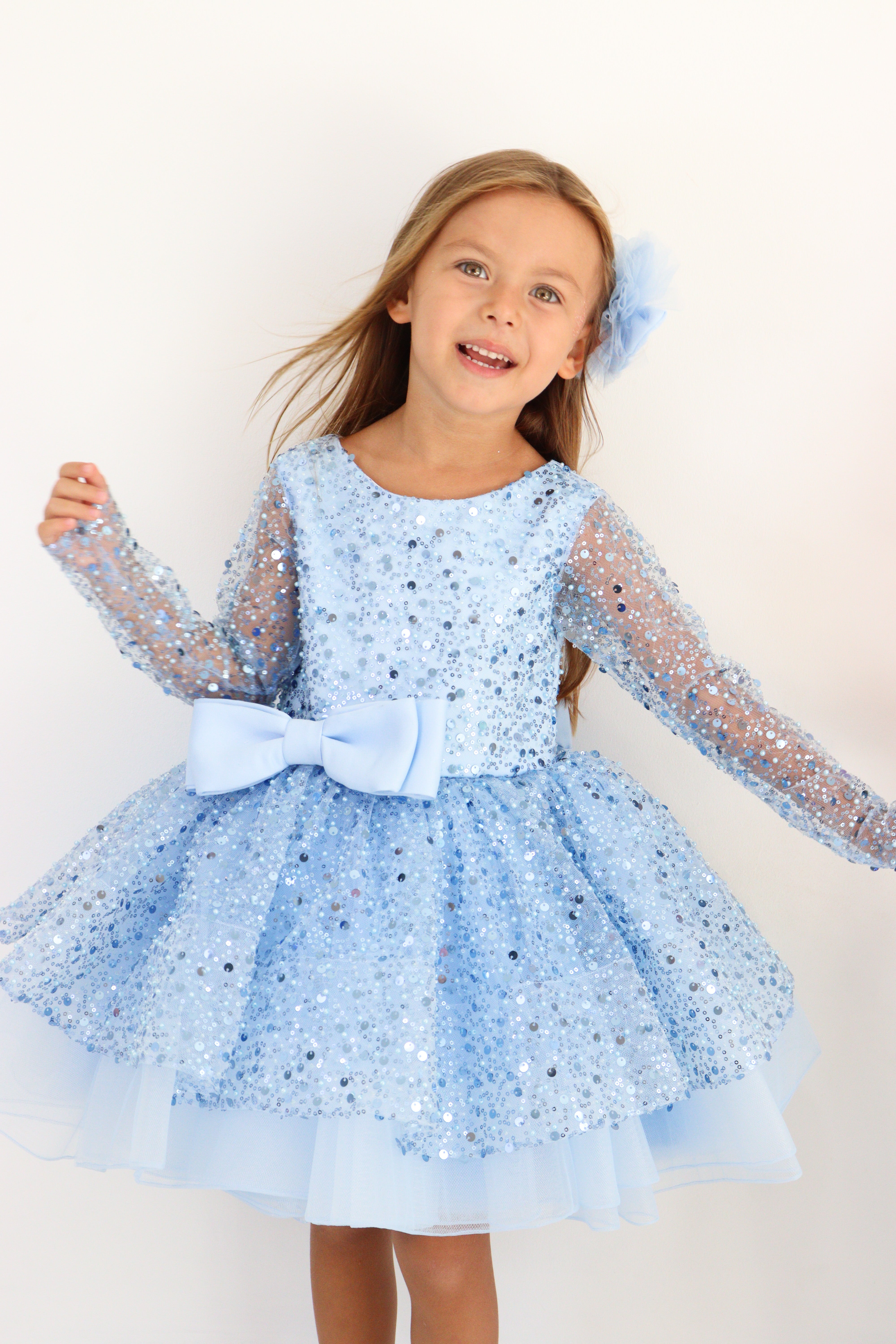 Mavi Pul Payetli Kız Çocuk Abiye 1–10 Yaş Uzun Kollu Tül Elbise