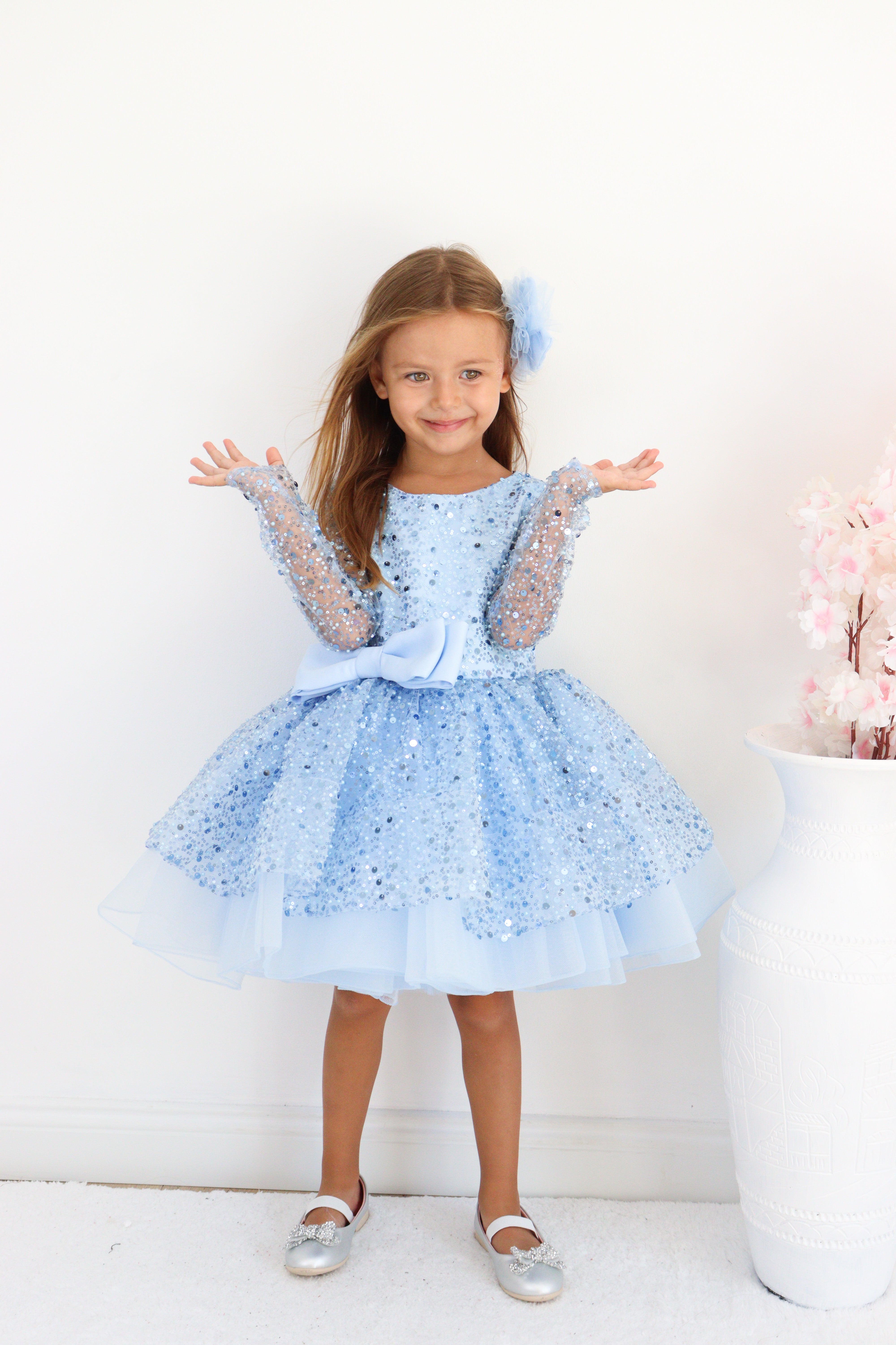 Mavi Pul Payetli Kız Çocuk Abiye 1–10 Yaş Uzun Kollu Tül Elbise