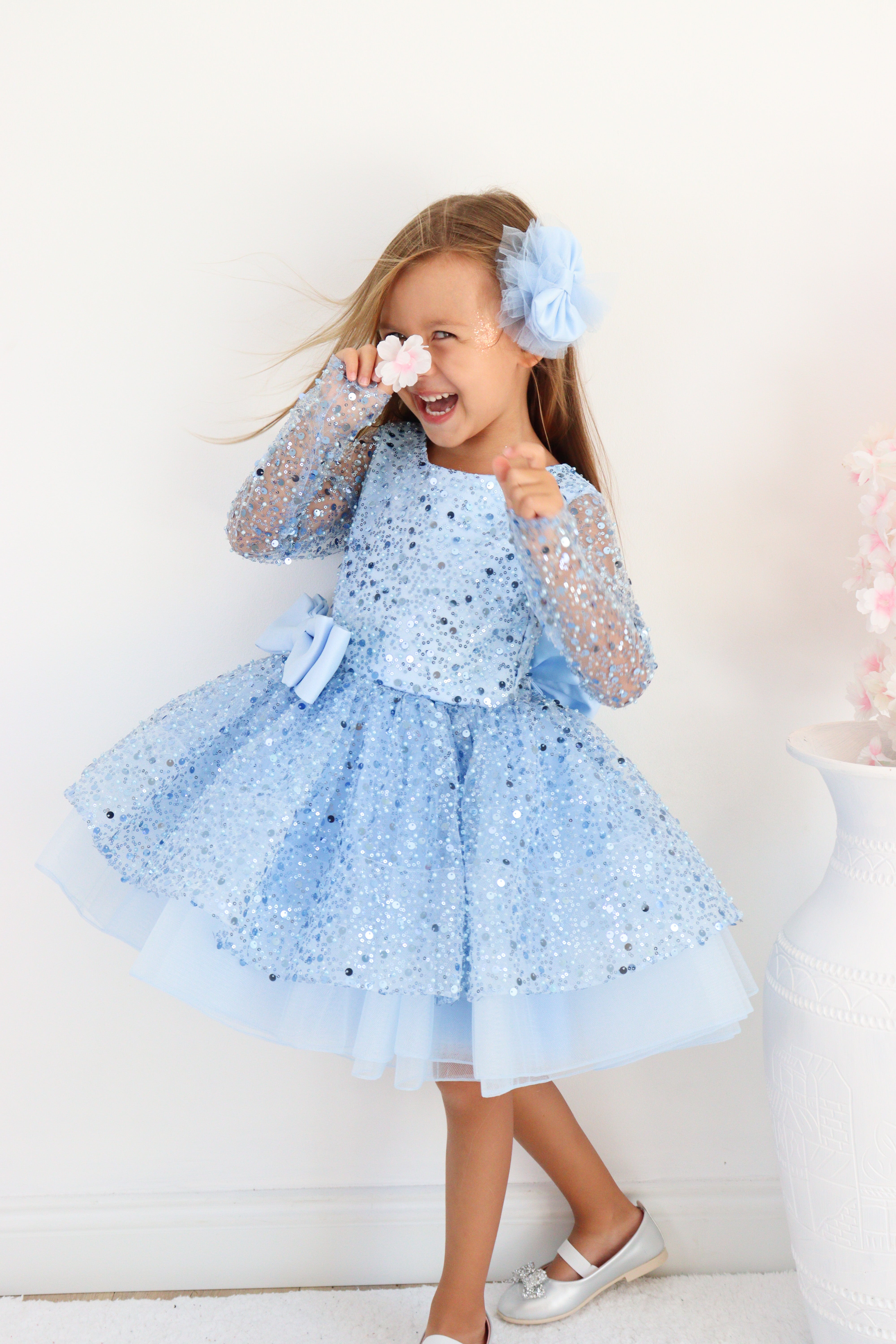 Mavi Pul Payetli Kız Çocuk Abiye 1–10 Yaş Uzun Kollu Tül Elbise