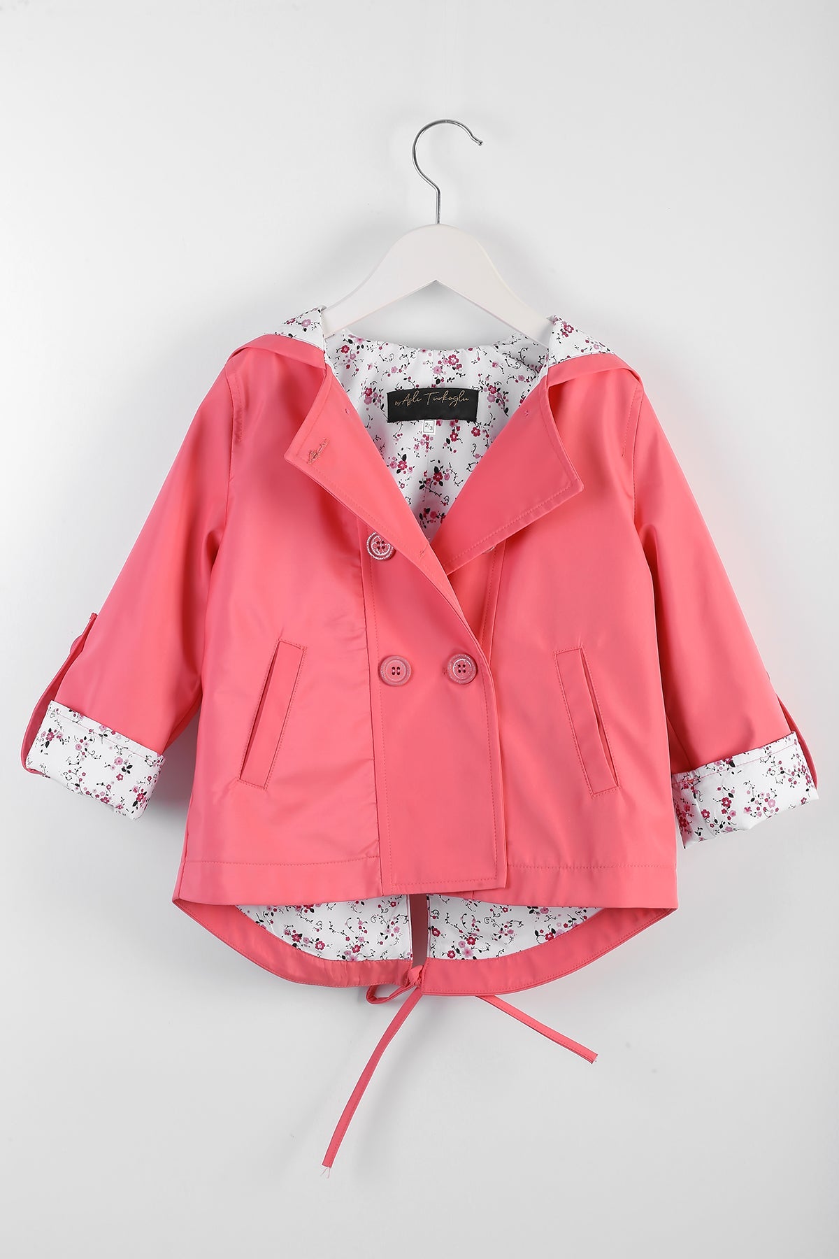Kız Çocuk Çiçek Desenli Astar Detaylı Su Geçirmez Pembe Trençkot