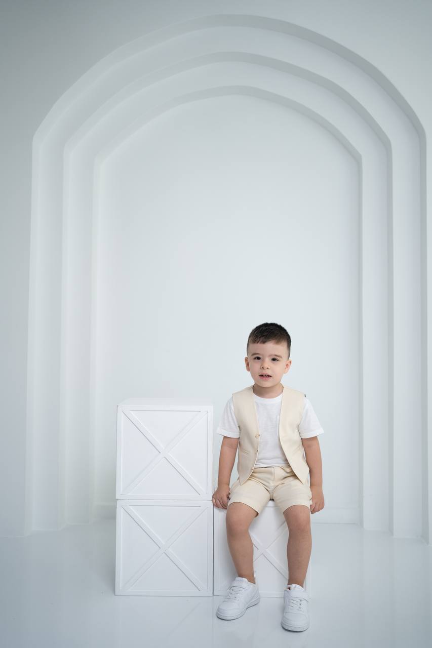 Çocuk Keten Yelek Şort Tişört 3’lü Takım – Krem