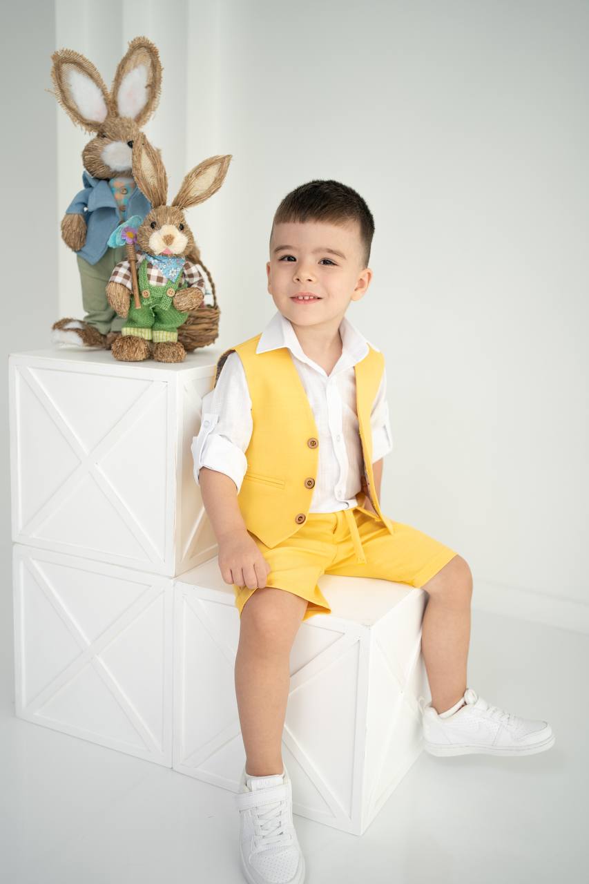 Çocuk Keten Yelek Şort Tişört Takımı