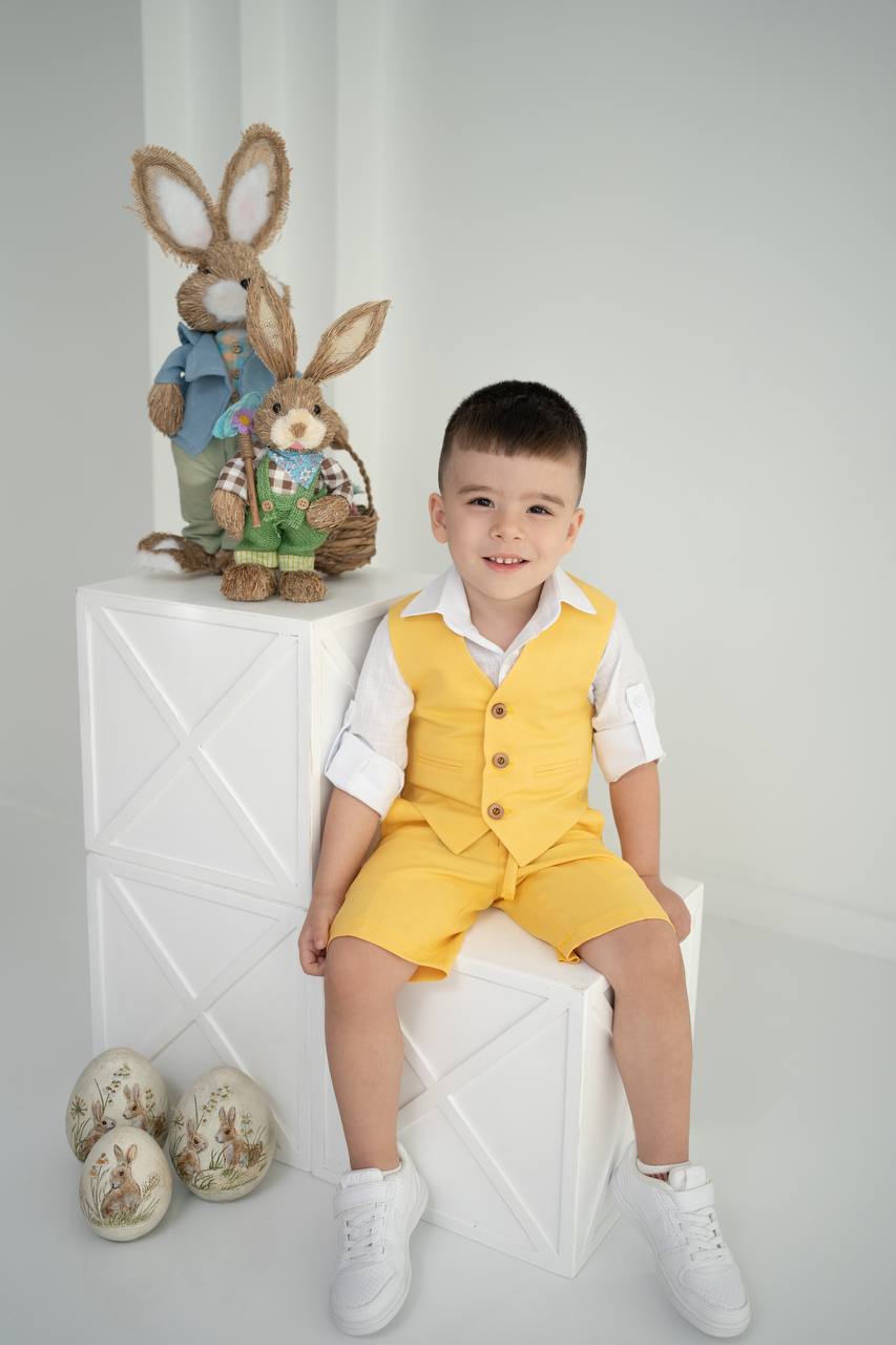 Çocuk Keten Yelek Şort Tişört Takımı