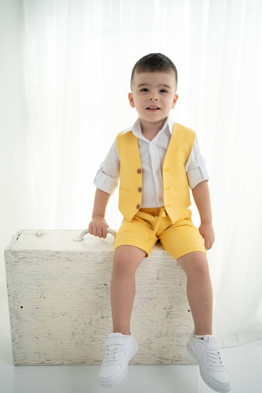 Çocuk Keten Yelek Şort Tişört Takımı