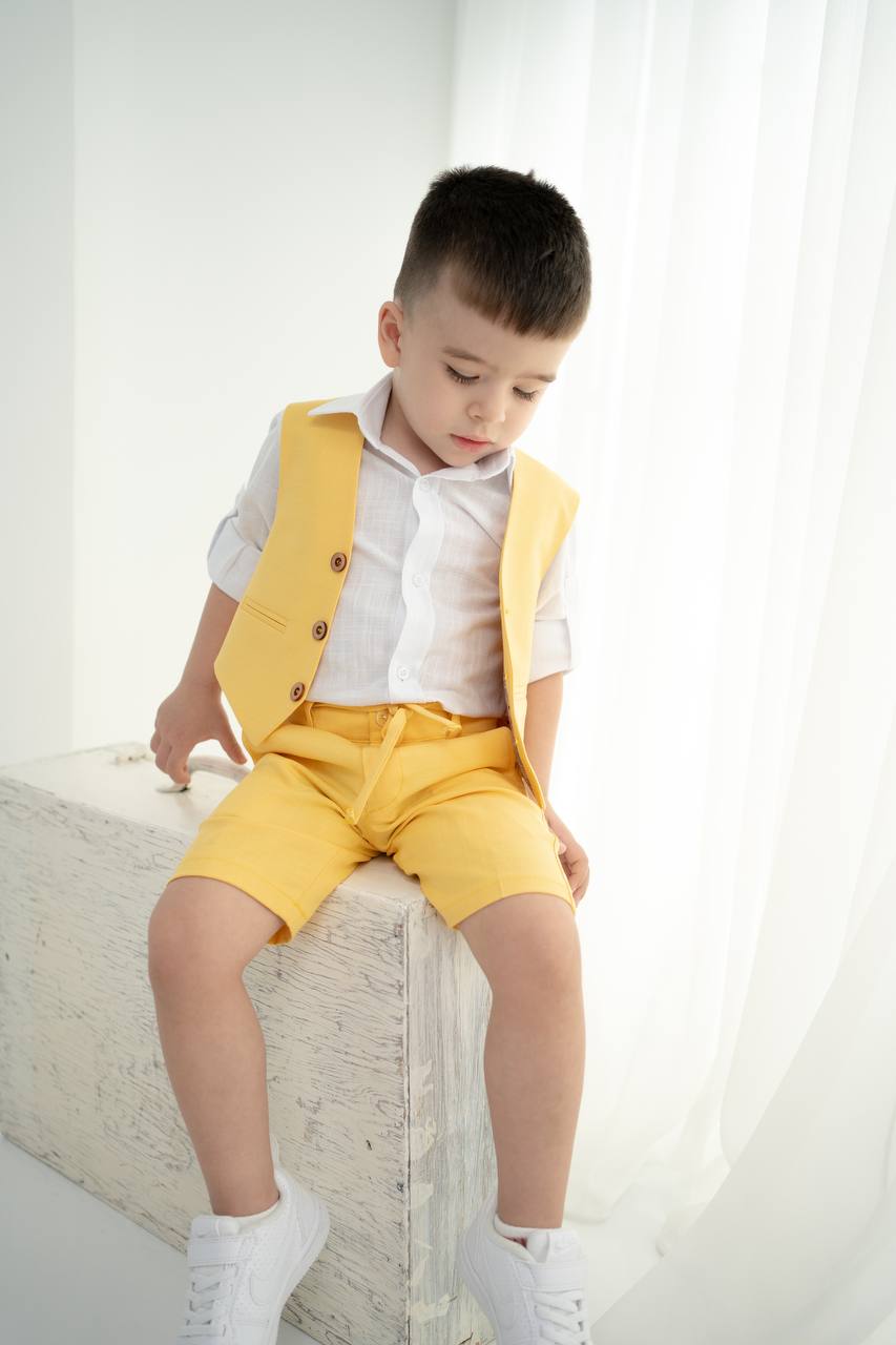 Çocuk Keten Yelek Şort Tişört Takımı