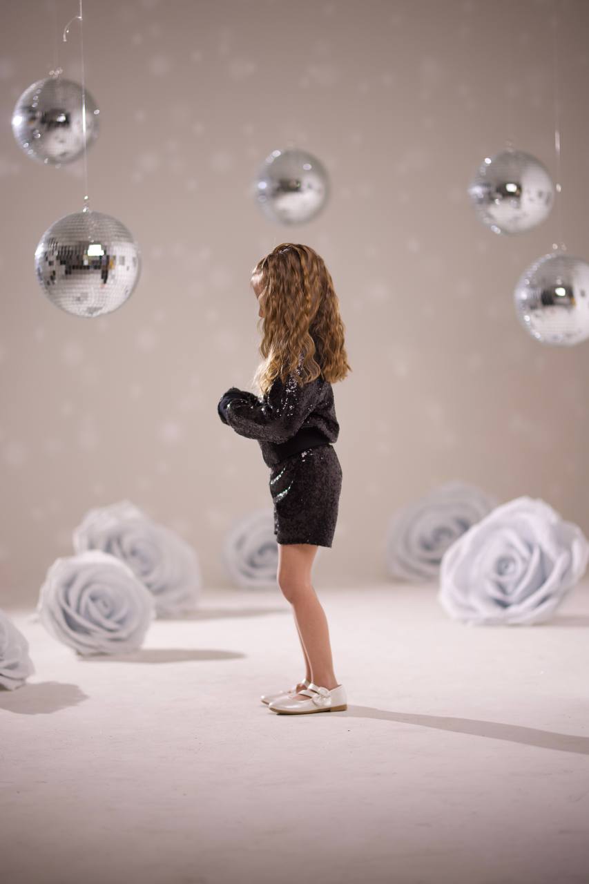 Kız Çocuk Siyah Pul Payet Ceket-Şort Takım