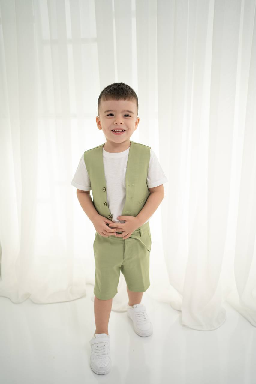 Yeşil Keten Yelek Şort ve Tişört 3'lü Set - Çocuk Takımı (1-10 Yaş)