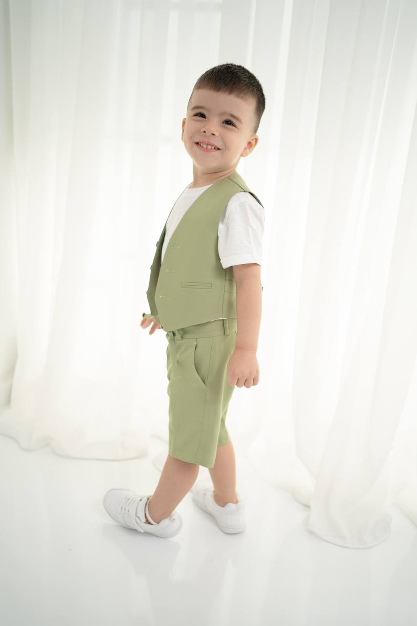 Yeşil Keten Yelek Şort ve Tişört 3'lü Set - Çocuk Takımı (1-10 Yaş)