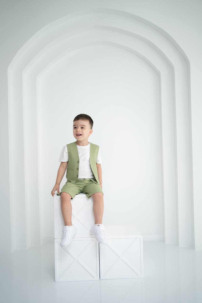 Yeşil Keten Yelek Şort ve Tişört 3'lü Set - Çocuk Takımı (1-10 Yaş)