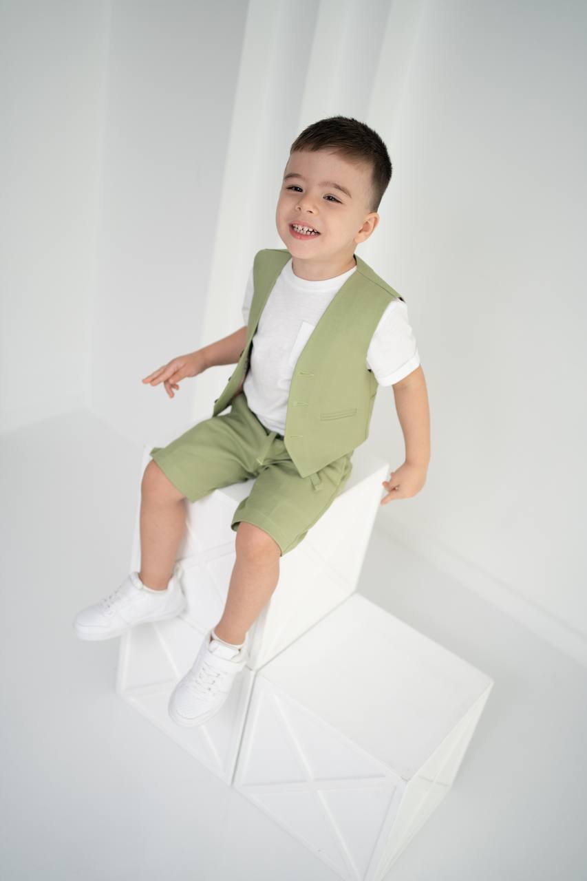 Yeşil Keten Yelek Şort ve Tişört 3'lü Set - Çocuk Takımı (1-10 Yaş)